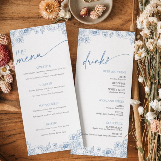 Elegante Blue Chinoiserie Speisekarte (Food and Drinks Menu with french blue floral toile de jouy pattern)