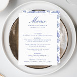 Elegante Blue Chinoiserie Viktorianische Hochzeit Menükarte<br><div class="desc">Entspannen Sie bei einem Hochzeitsempfang mit unserem eleganten Blue Chinoiserie Floral Hochzeitsmenü. Dieses Menü wurde mit graziös blauer Kalligraphie auf einem sauberen, weißen Hintergrund entworfen und ist vollständig mit Ihren Namen, Ihrem Hochzeitstermin und Ihren Menüdetails anpassbar. Auf der Rückseite des Hauses befindet sich ein wunderschönes Blumenmuster der Chinoiserie, das dem...</div>