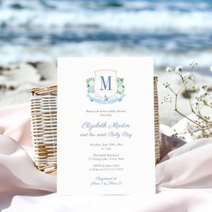 Elegante Blue Coastal Monogram Babydusche für Jung Einladung
