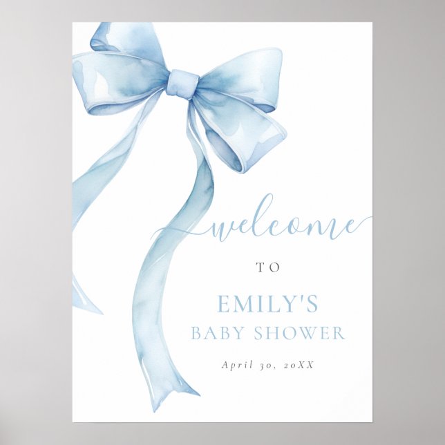 Elegante Blue Coquette Bow Boy Baby Dusche Willkom Poster (Vorne)