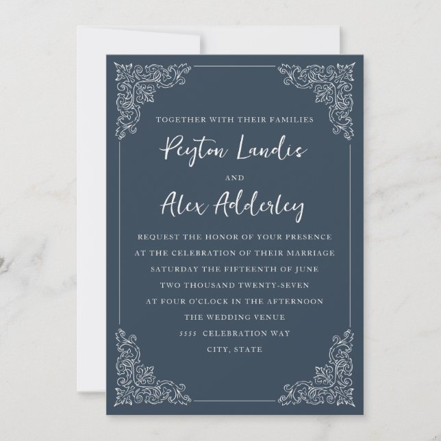 Elegante Blue Cream Wedding Einladung (Vorderseite)