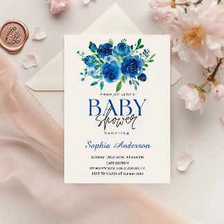 Elegante Blue Floral Baby Dusche Einladung