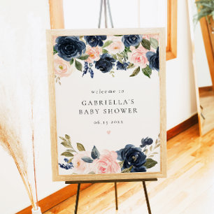 Elegante Blue Floral Baby Dusche Willkommen Poster