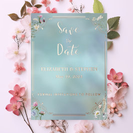 Elegante Blue Floral Foil Save the Date Karte