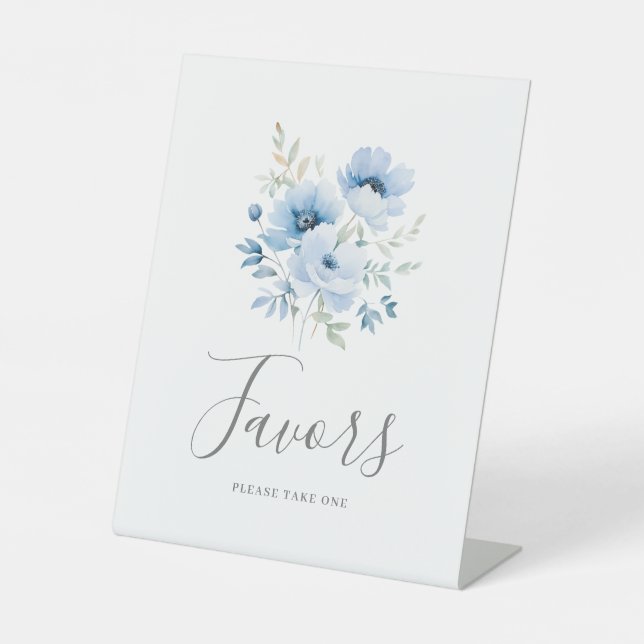 Elegante Blue Floral Gastgeschenk Hochzeit Sockelschild (Vorderseite)