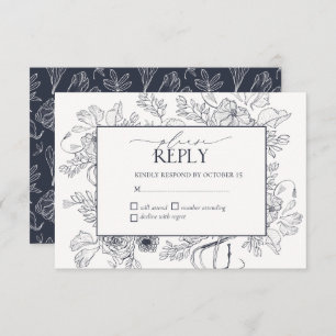 Elegante Blue Floral Line Hochzeit RSVP Karte