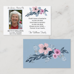 Elegante Blue Floral Memorial Prayer Card Visitenkarte
