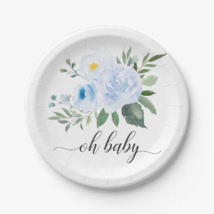 Elegante Blue Floral Oh Baby Duschplatte Pappteller