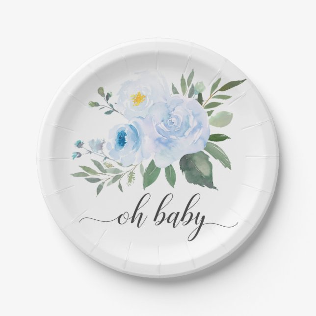 Elegante Blue Floral Oh Baby Duschplatte Pappteller (Vorderseite)
