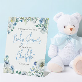 Elegante Blue Floral Spring Baby Dusche Willkommen Sockelschild