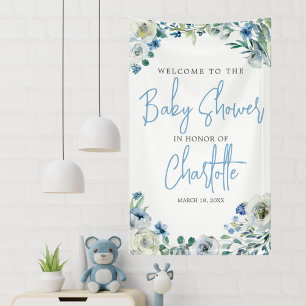 Elegante Blue Floral Spring Welcome Baby Dusche Banner