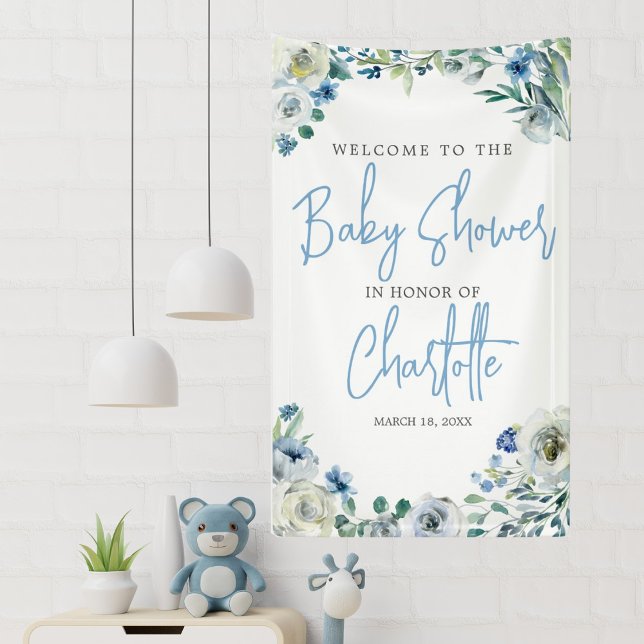 Elegante Blue Floral Spring Welcome Baby Dusche Banner (Von Creator hochgeladen)