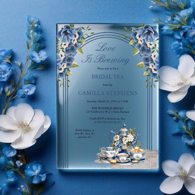 Elegante Blue Floral Tee Set Bridal Teatro Sociale Acryleinladungen (Elegant Blue Floral Tea Set Bridal Tea Shower Acrylic Invitations)