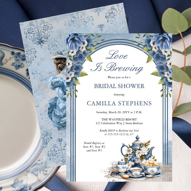 Elegante Blue Floral Tee Set Bridal Teatro Sociale Einladung (Elegant Blue Floral Tea Set Bridal Shower Tea Party Invitation)