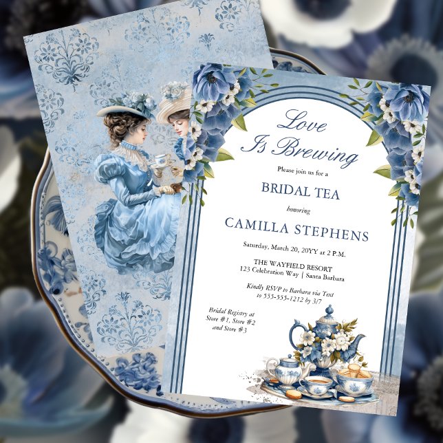 Elegante Blue Floral Tee Set Bridal Teatro Sociale Einladung (Elegant Blue Floral Tea Set Bridal Shower Tea Party Invitation)