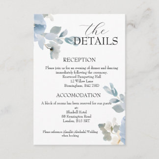 Elegante Blue Floral Wedding Details Eintrittskart Begleitkarte