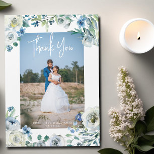 Elegante Blue Floral Wedding Foto Magnet Card