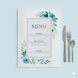 Elegante Blue Floral Wedding Menu Card Menükarte<br><div class="desc">Dieses elegante Hochzeitsmenü bietet weiche blaue Aquarellfloralen, die Ihre Gänge wunderschön gestalten, ergänzt durch eine raffinierte Typografie für einen klassischen zeitlosen Hochzeitsstil. Dieses einfache, minimalistisch-blumengeschmückte, mit einem zarten botanischen Rahmen gestaltete Hochzeitsmenü bringt ein romantisches botanisches Blumengestalterelement in Ihre Tischumgebung. Ideal für formelle Empfang-Details, seine sanfte, sanfte Farbpalette und das schlichte...</div>