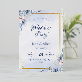 Elegante Blue Floral Wedding Party Folieneinladung