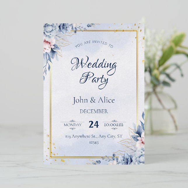 Elegante Blue Floral Wedding Party Folieneinladung (Stehend vorne)