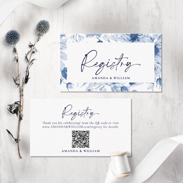 Elegante Blue Floral Wedding Registry Card mit QR Begleitkarte (Von Creator hochgeladen)