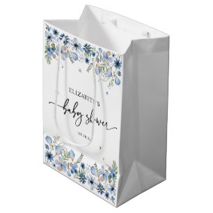 Elegante Blue Florals Baby Shower Medium Geschenkt Mittlere Geschenktüte