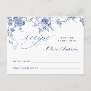 Elegante Blue Flowers Brautparty Rezept Card Postkarte