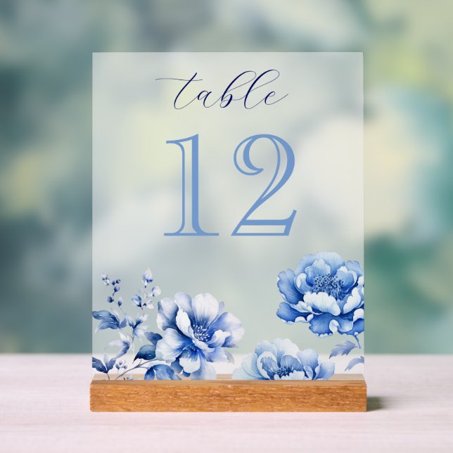 Elegante Blue Flowers Tischnummer Acrylschild (Neutral)