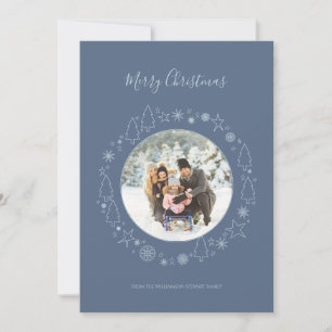 Elegante Blue Foto Handrawn Wreath Holiday Card Feiertagskarte