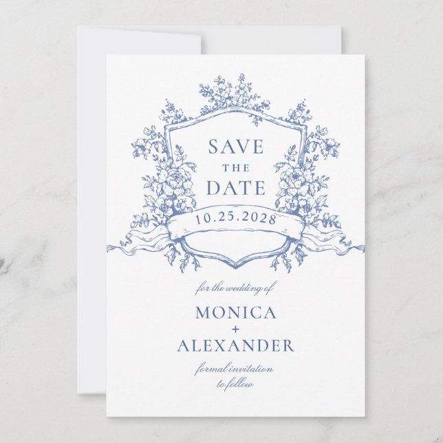 Elegante Blue French Garden Blume Hochzeit Save The Date (Vorderseite)