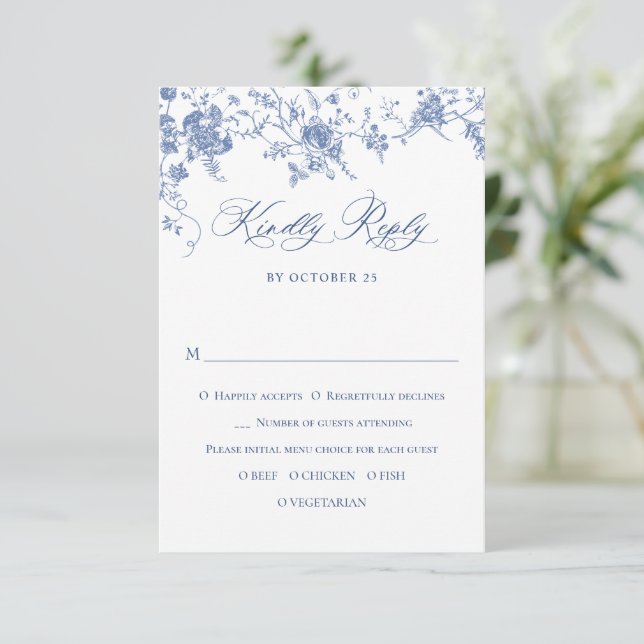 Elegante Blue French Rose Garden RSVP Karte (Stehend Vorderseite)