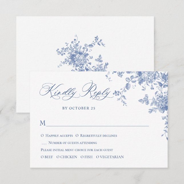 Elegante Blue French Rose Garden RSVP Karte (Vorne/Hinten)