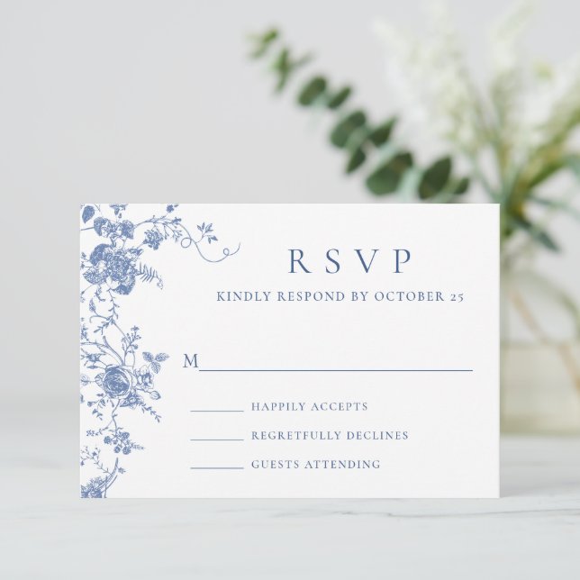 Elegante Blue French Rose Garden RSVP Karte (Stehend Vorderseite)