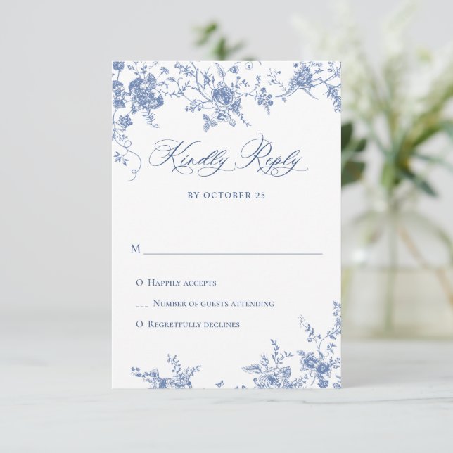 Elegante Blue French Rose Garden RSVP Karte (Stehend Vorderseite)