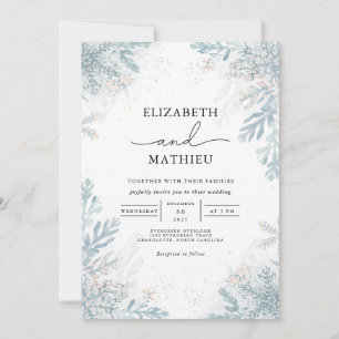 Elegante Blue Frost Botanische Winterhochzeit Einladung