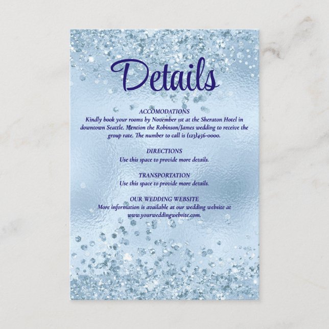 Elegante Blue Glitzer und Foil Wedding Details Begleitkarte (Vorderseite)