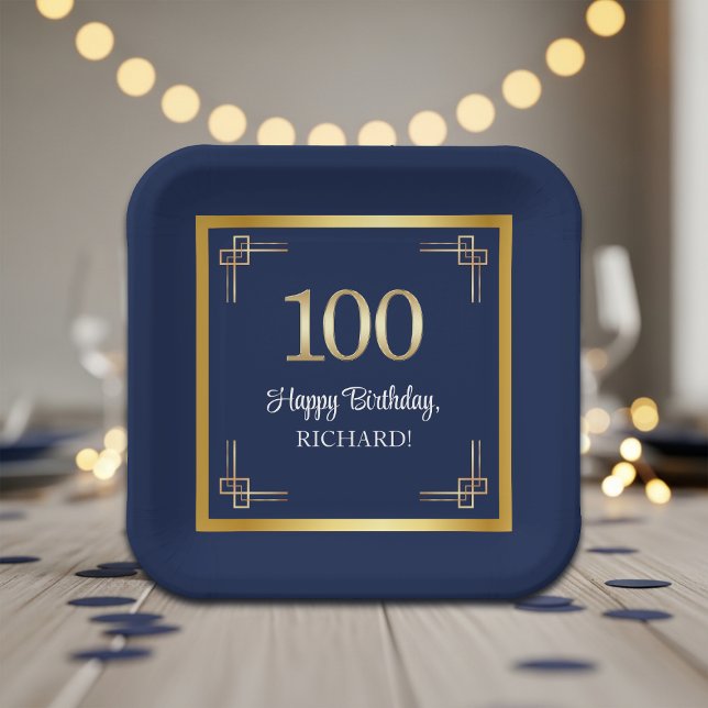 Elegante Blue-Gold-100-Geburtstagsfeier Pappteller (Von Creator hochgeladen)