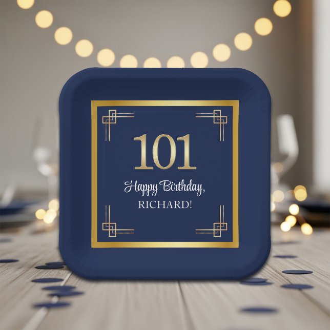 Elegante Blue Gold 101. Geburtstagsfeier Pappteller (Von Creator hochgeladen)