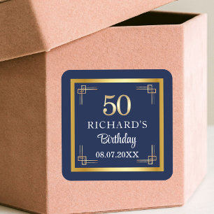 Elegante Blue Gold 50. Geburtstagsfeier Quadratischer Aufkleber