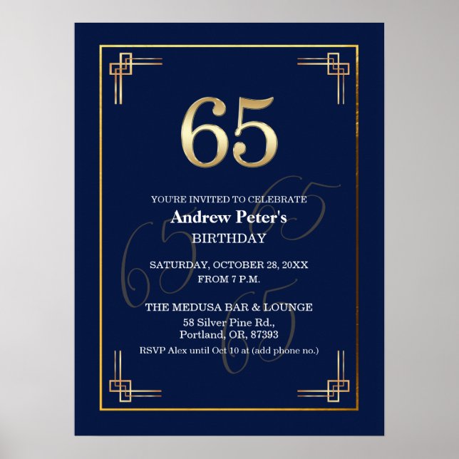 Elegante Blue Gold 65. Geburtstagsfeier Poster (Vorne)