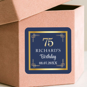 Elegante Blue Gold 75. Geburtstagsfeier Quadratischer Aufkleber