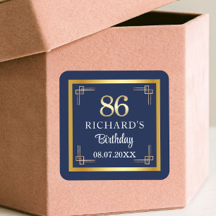 Elegante Blue Gold 86. Geburtstagsfeier Quadratischer Aufkleber