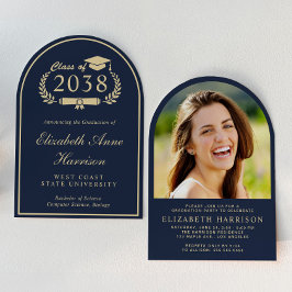 Elegante Blue Gold Arch Foto Graduation Party Einladung