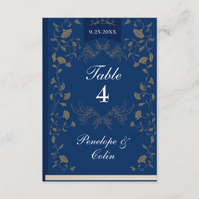 Elegante Blue Gold Book Cover Wedding Tischnummer (Vorderseite)