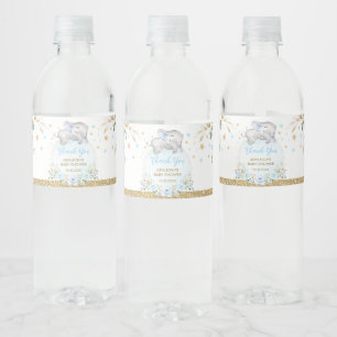 Elegante Blue Gold Floral Boy Baby Elephant Dusche Wasserflaschenetikett