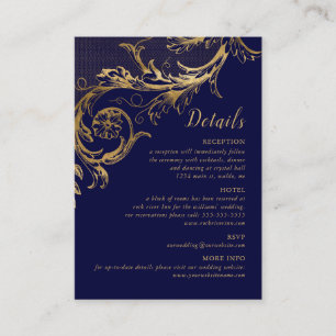 Elegante Blue Gold Floral Damask Hochzeitdetails Begleitkarte