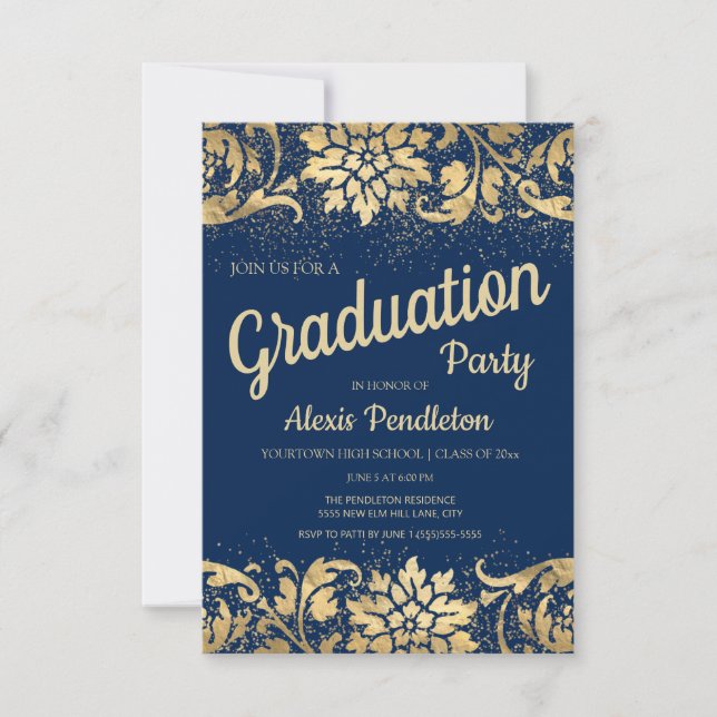 Elegante Blue Gold Floral Glitzer Graduation Party Einladung (Vorderseite)
