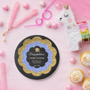 Elegante Blue Gold Floral Graduation Party Pappteller