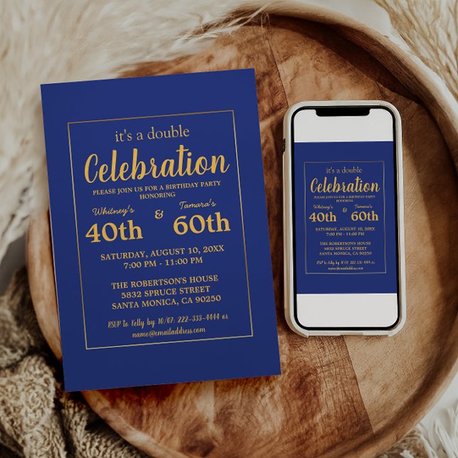 Elegante Blue & Gold Frame Geburtstagsparty Einladung (Von Creator hochgeladen)