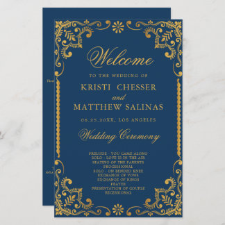 Elegante Blue Gold Frame Wedding Program Card